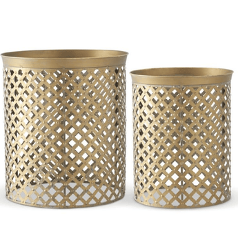 Set of 2 Antiqued Brass Metal Lattice Cutout Nesting Tables - Ruffled Feather