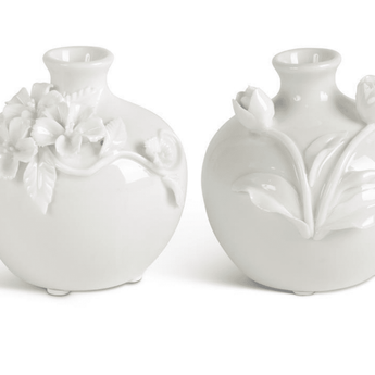 Short White Ceramic Vase w/ Raised Flowers - Ruffled Feather