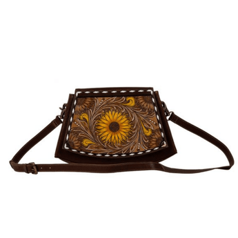 Showy Sunflower Trapezoid Hand - Tooled Bag - Ruffled Feather