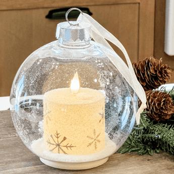 Small Plastic Ball Ornament w/ Gold Snowflake LED Candle - Ruffled Feather