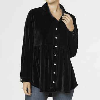 Soiree Velour Button Front Top - Black - Ruffled Feather