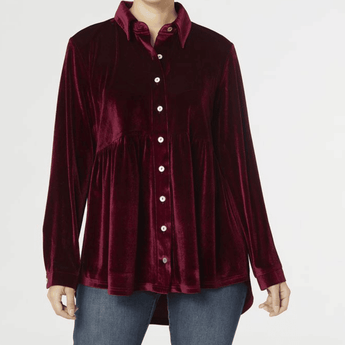 Soiree Velour Button Front Top - Burgundy - Ruffled Feather