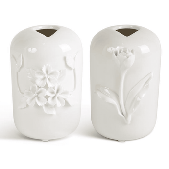 Tall White Ceramic Vase w/ Raised Flowers - Ruffled Feather