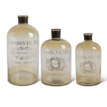 Transparent Brown Glass Bottles w/Script - Ruffled Feather