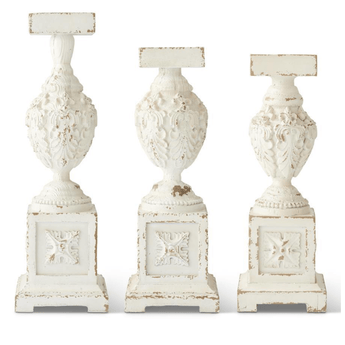 Whitewashed Wooden Candleholders w/ Carvings - Ruffled Feather