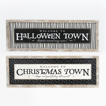 Wood Framed Double Sided Christmas Town/Halloween Town - Ruffled Feather