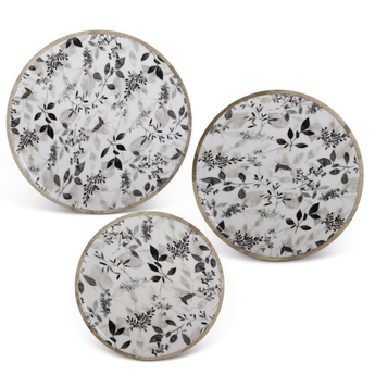 Wooden Plates w/Black &amp; Gray Botanical Enamel - Ruffled Feather