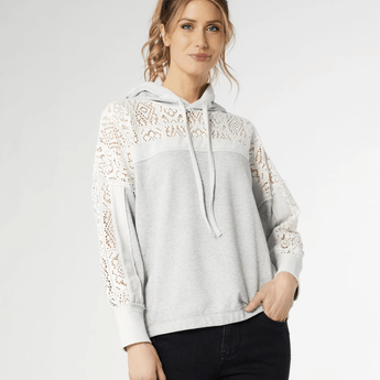 Wynter Hooded Sweatshirt with Lace Panels - Heather Grey/Ivory - Ruffled Feather